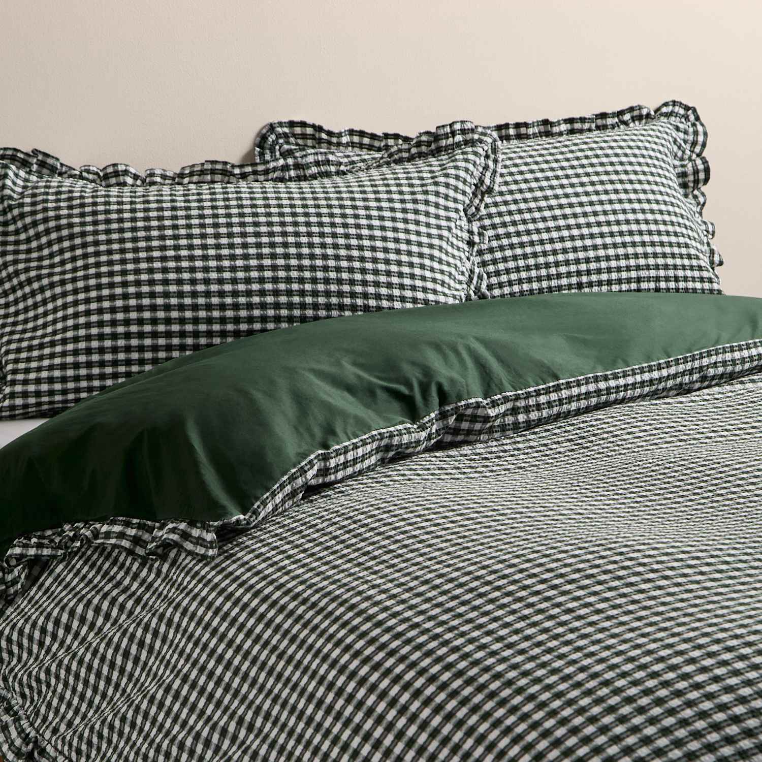 M&S Pure Cotton Gingham Ruffle Bedding Set - Single (3 ft) - Green