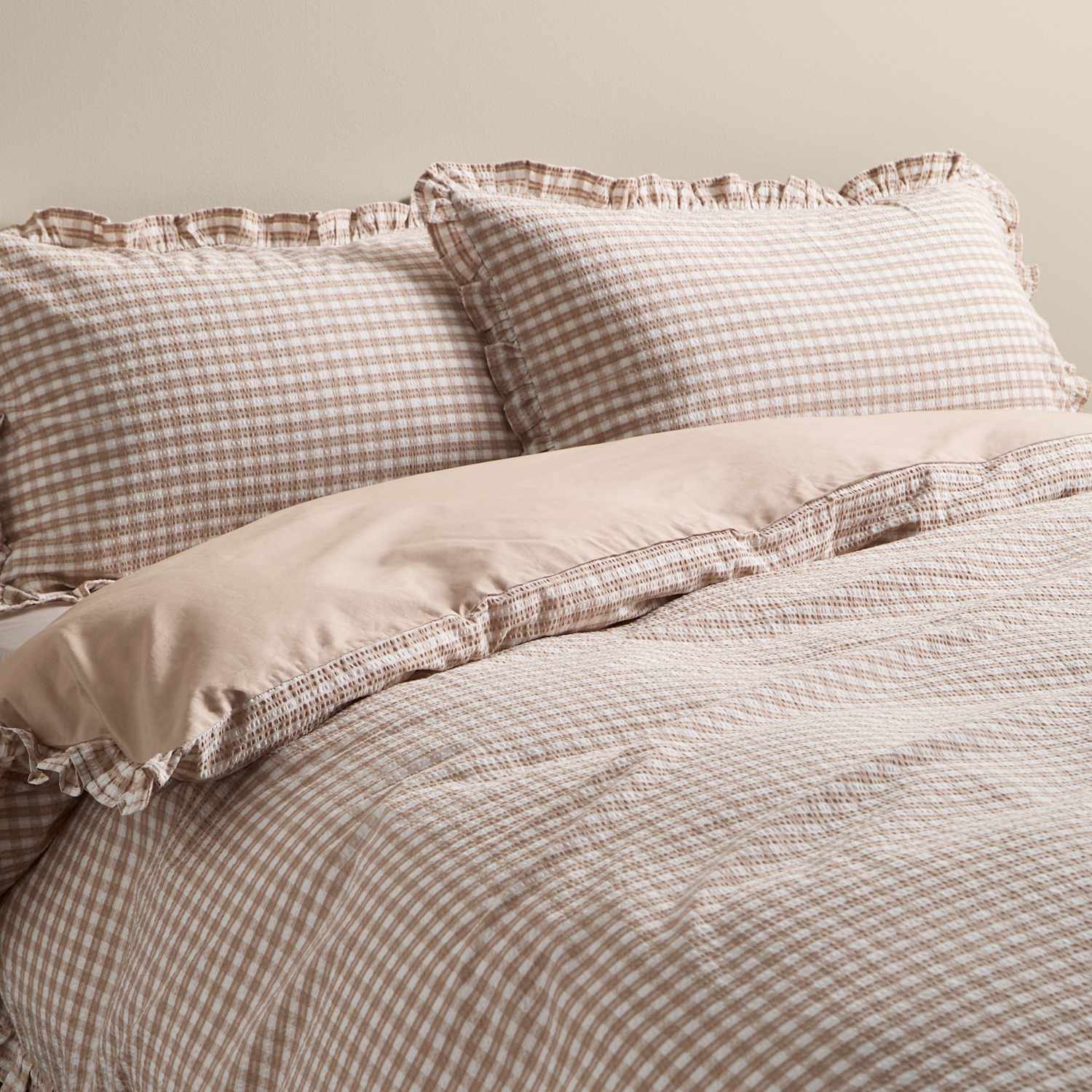 M&S Pure Cotton Gingham Ruffle Bedding Set - Single (3 ft) - Natural