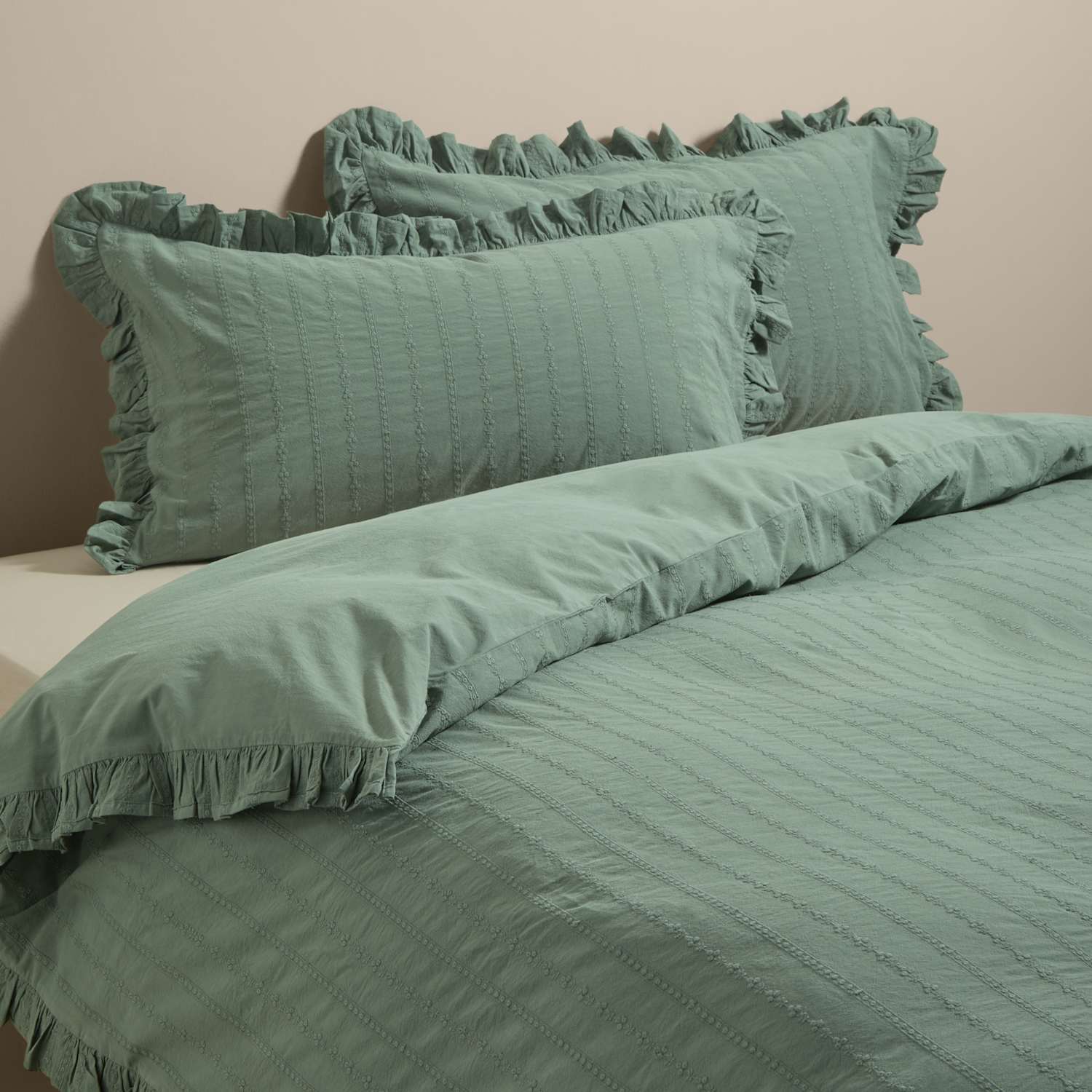 M&S Pure Cotton French Ruffle Embroidery Bedding Set - Single (3 ft) - Green