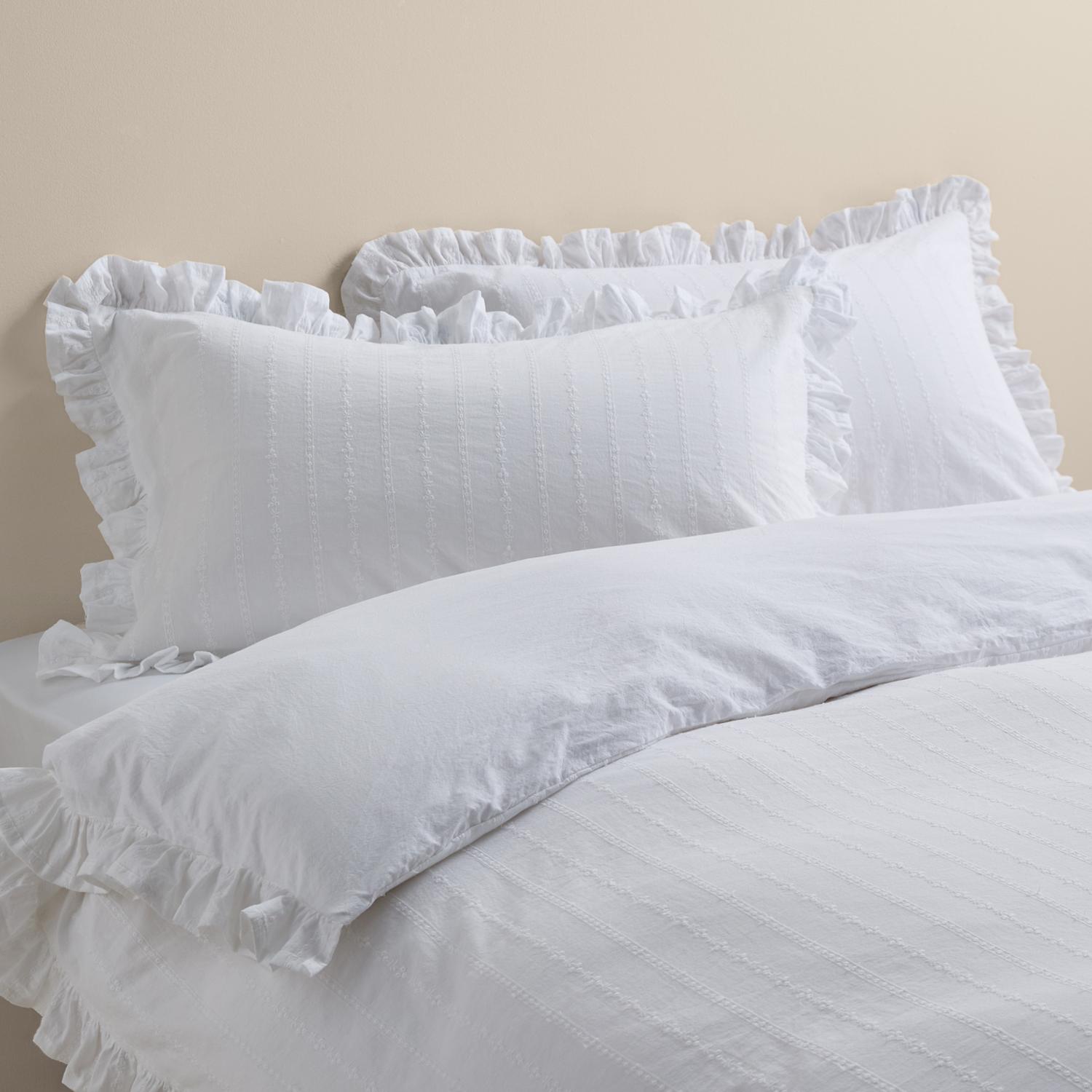 M&S Pure Cotton French Ruffle Embroidery Bedding Set - Single (3 ft) - White
