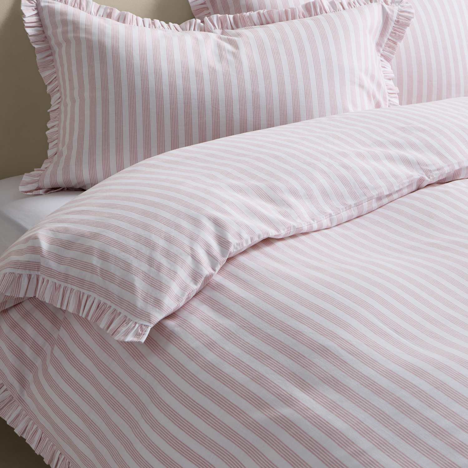 M&S Pure Cotton Narrow Stripe Ruffle Bedding Set - King Size (5 ft) - Pink Mix