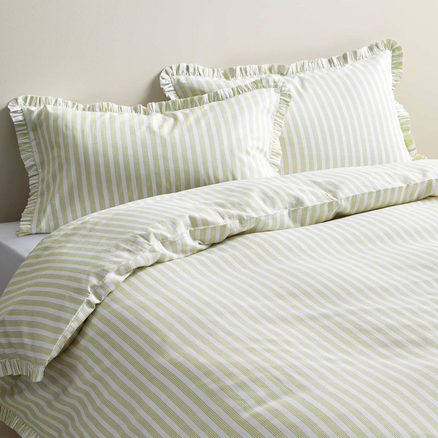 M&S Pure Cotton Narrow Stripe Ruffle Bedding Set - Double (4 ft 6) - Green Mix