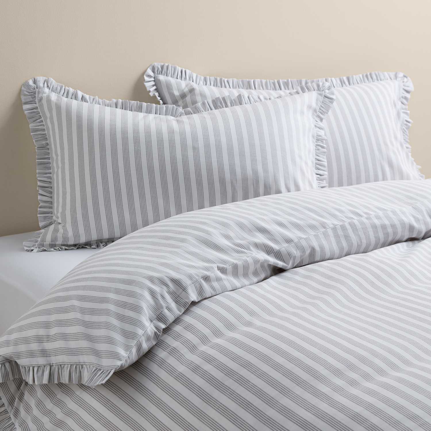 M&S Pure Cotton Narrow Stripe Ruffle Bedding Set - Single (3 ft) - Grey Mix