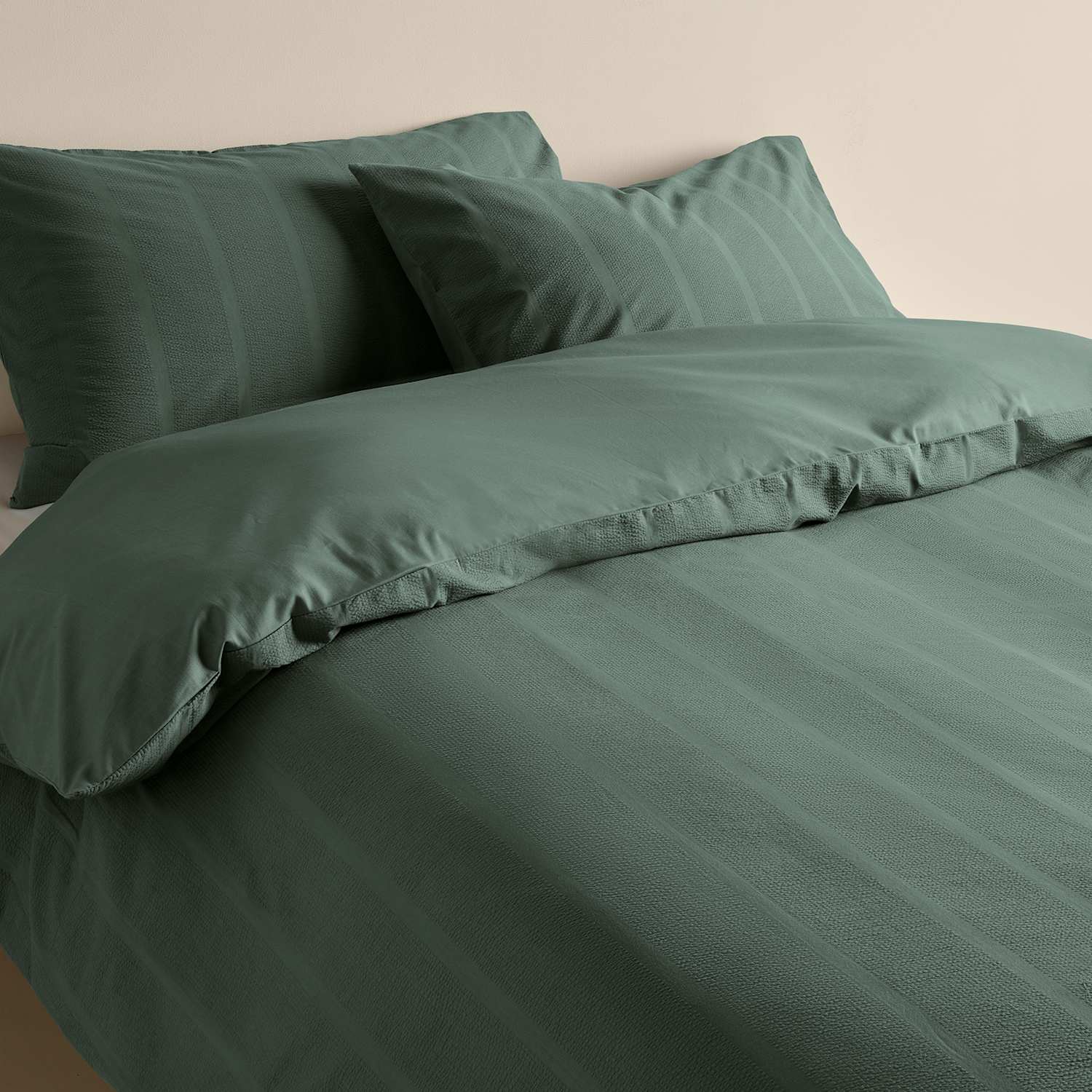 M&S Pure Cotton Striped Seersucker Bedding Set - Single (3 ft) - Smokey Green