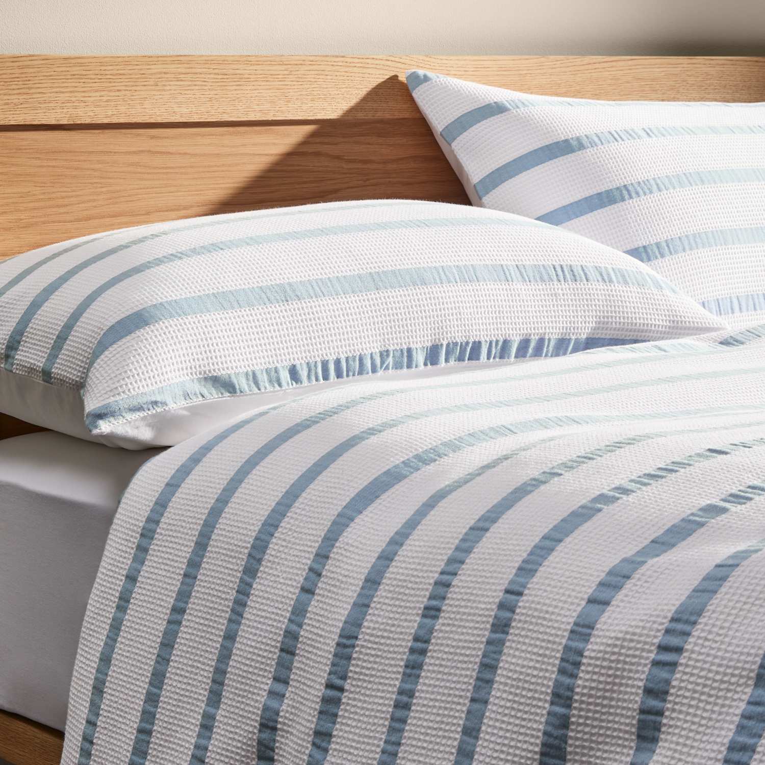 M&S Pure Cotton Contrast Striped Waffle Bedding Set - King Size (5 ft) - Blue Mix