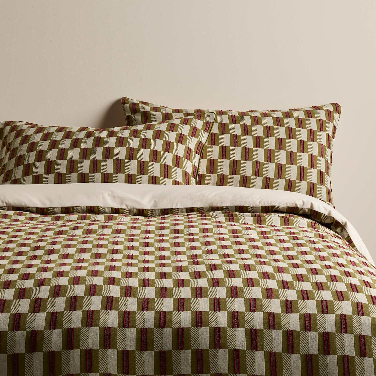 M&S Checkerboard Gauze Jacquard Bedding Set - Double (4 ft 6) - Moss