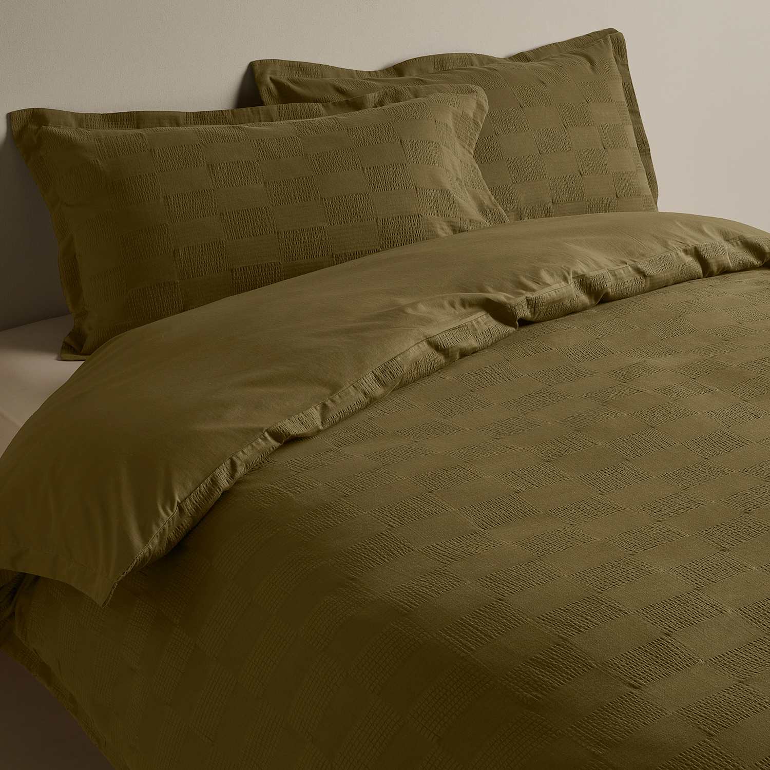 M&S Sateen Seersucker Checkerboard Bedding Set - Double (4 ft 6) - Moss