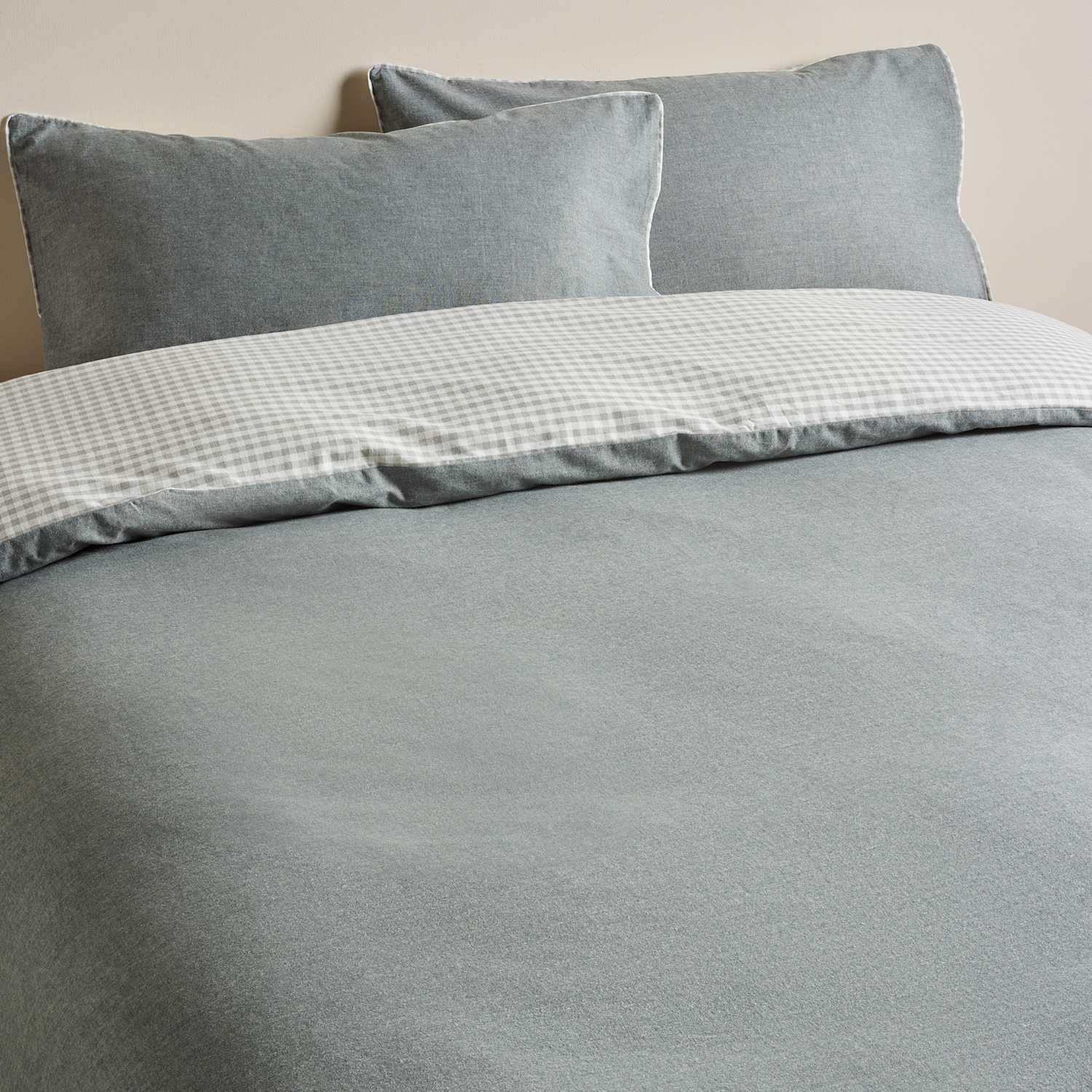 M&S Brushed Cotton Gingham Reversible Bedding Set - Single (3 ft) - Charcoal