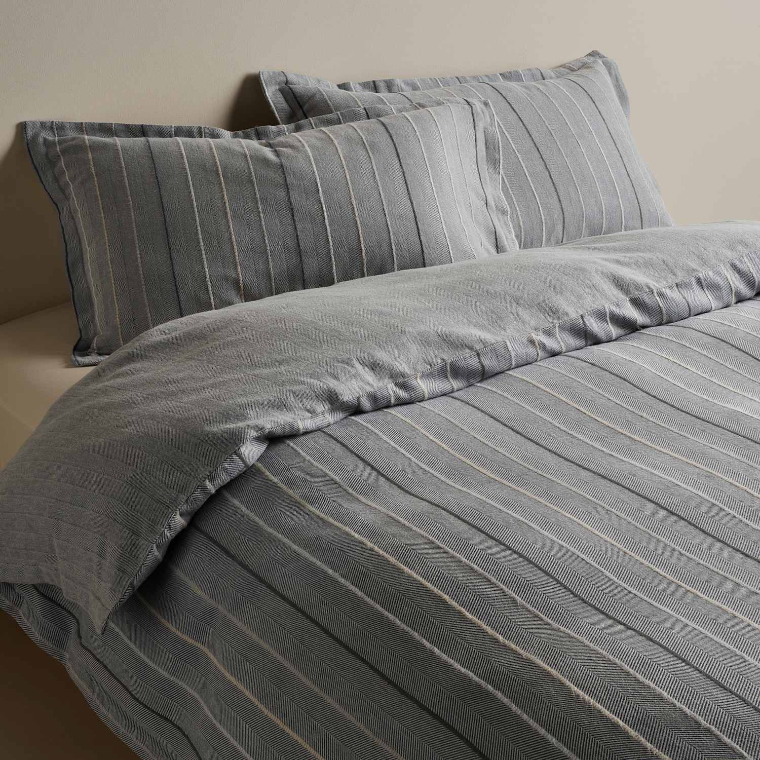 M&S Pure Cotton Herringbone Striped Bedding Set - Single (3 ft) - Charcoal Mix