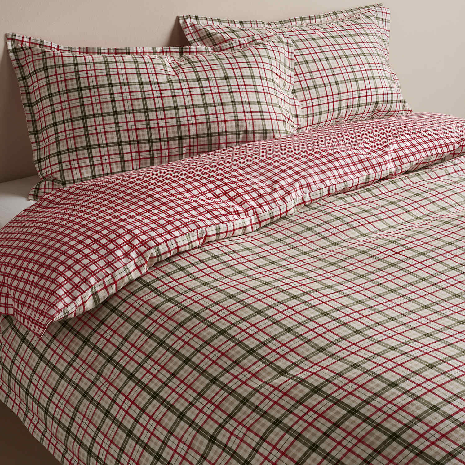 M&S Brushed Cotton Checked Reversible Bedding Set - Double (4 ft 6) - Green Mix