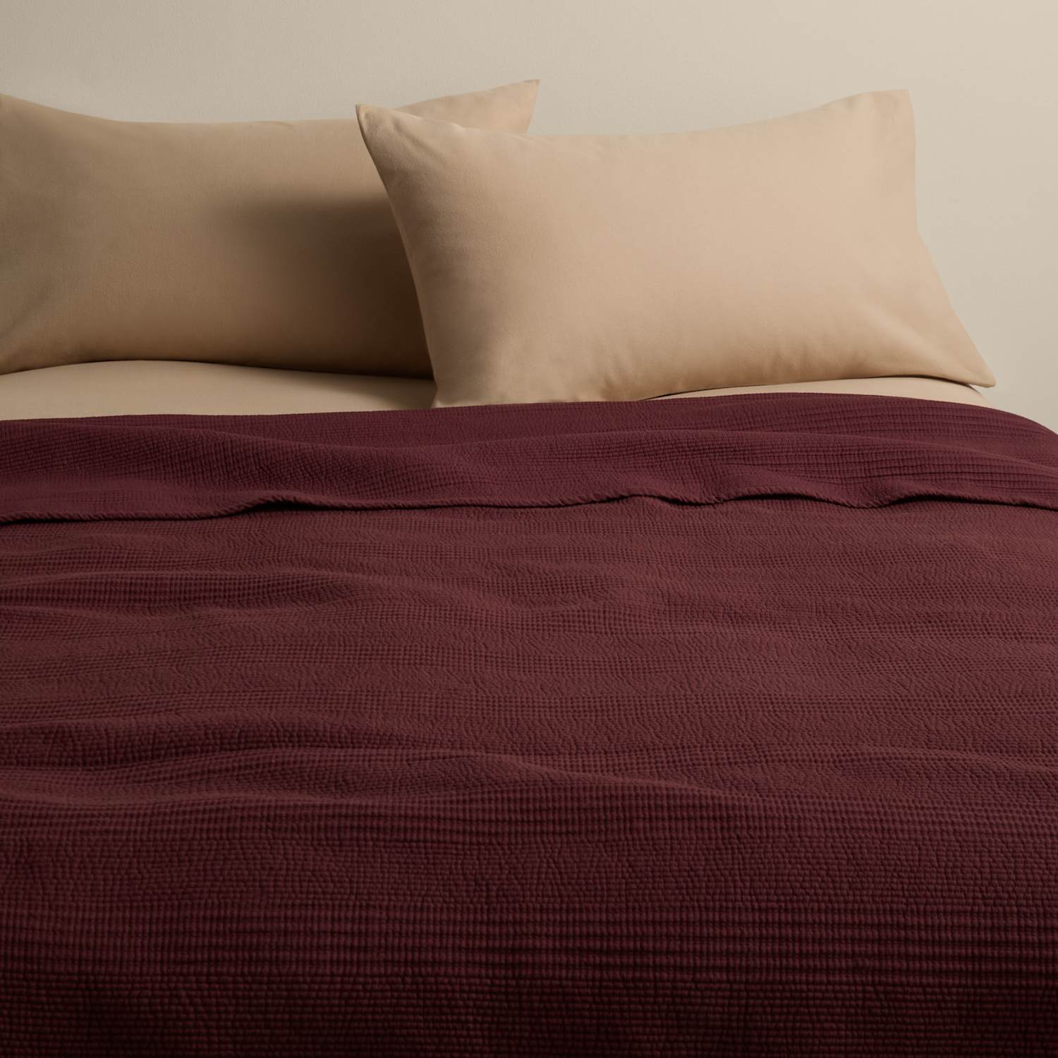 M&S Cotton Rich Ribbed Bedspread with Linen - XL - King Size - Burgundy