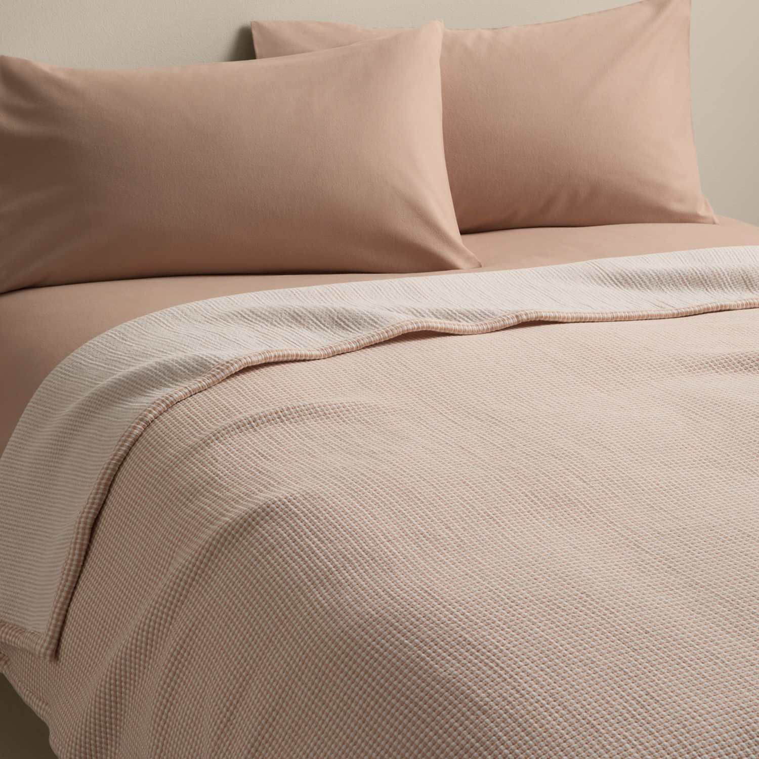 M&S Cotton Rich Gingham Bedspread - Medium - Single - Biscuit