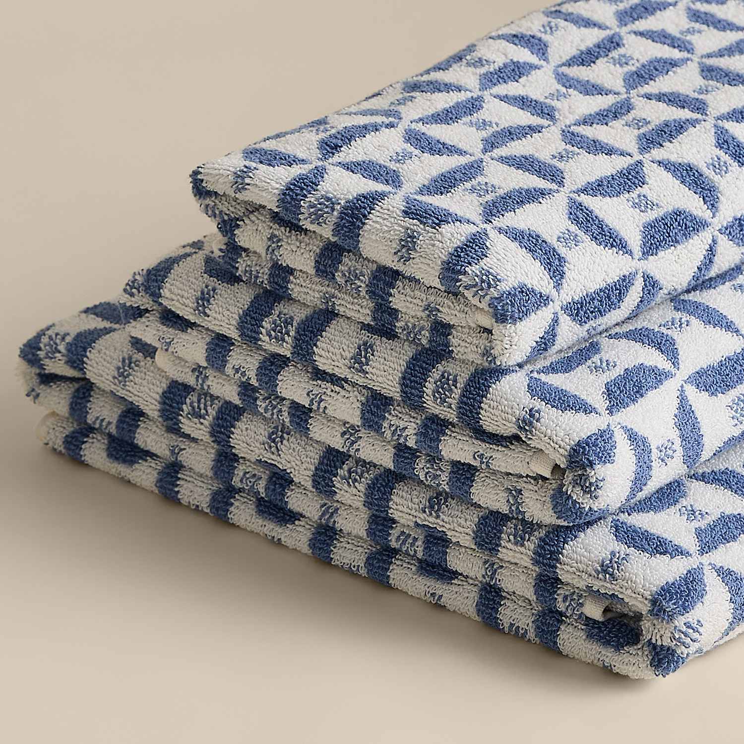 M&S Pure Cotton Geometric Tile Towel - Hand Towel - Denim