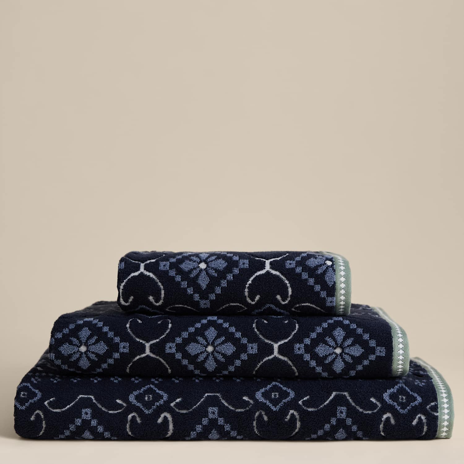 M&S Pure Cotton Tile Print Towel - Bath Towel - Navy