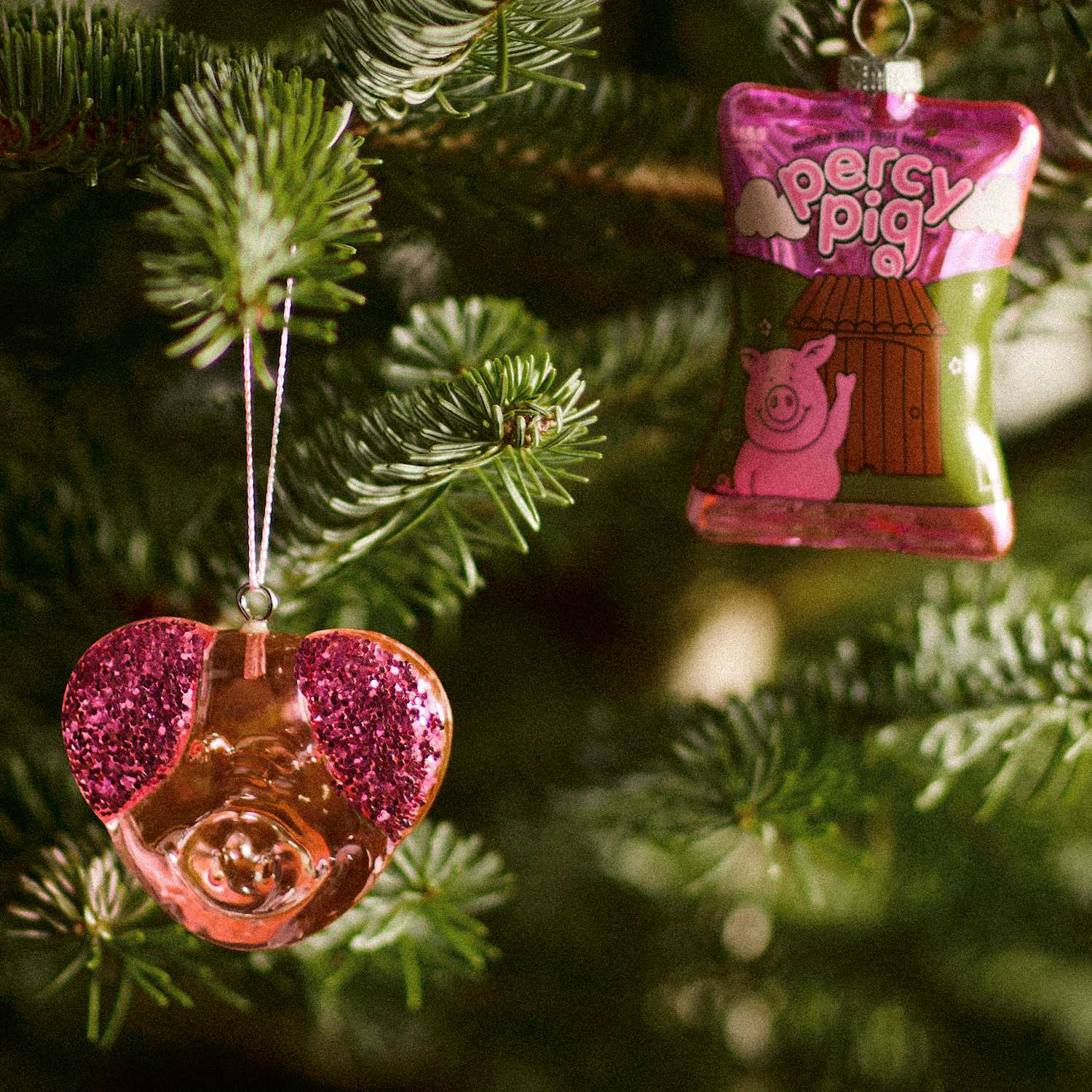 M&S 2 Pack Glitter Glass Percy Pig Baubles - Pink Mix
