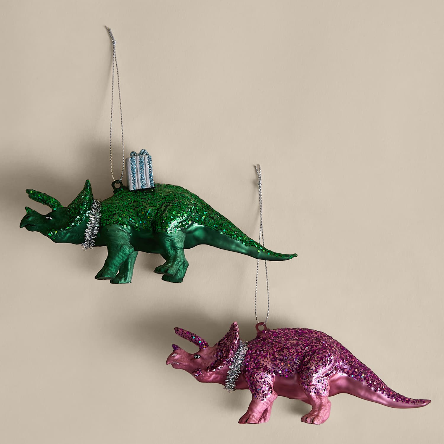 M&S 2 Pack Glitter Party Dinosaur Baubles - Multi