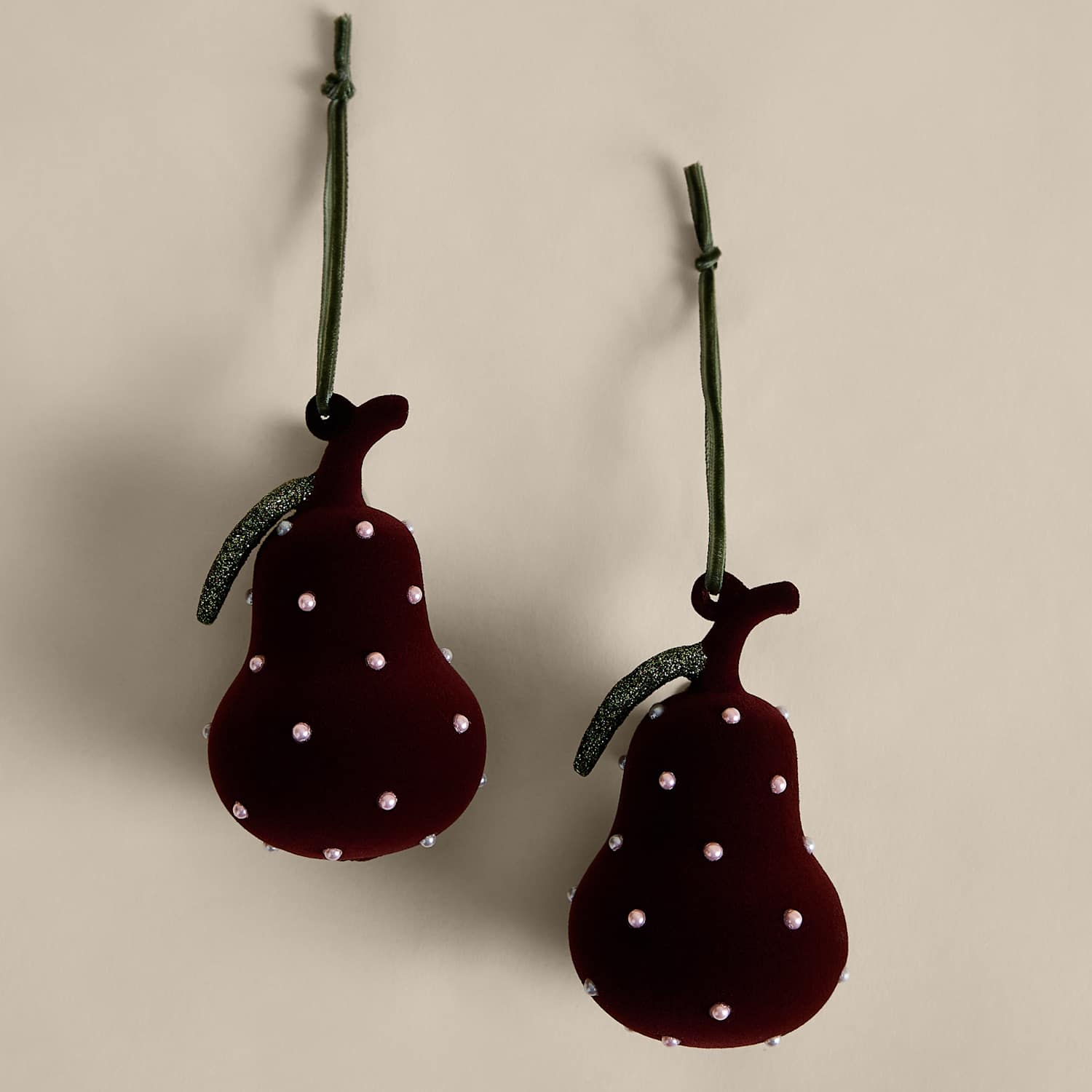 M&S 2 Pack Glitter Glass Velvet Pear Baubles - Burgundy
