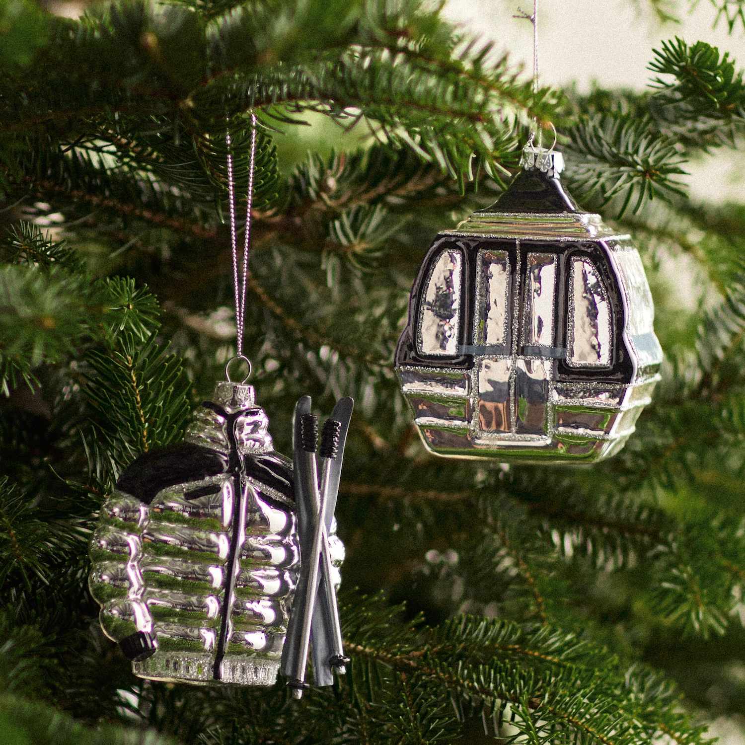 M&S 2 Pack Glass Hanging Ski Decorations - Multi