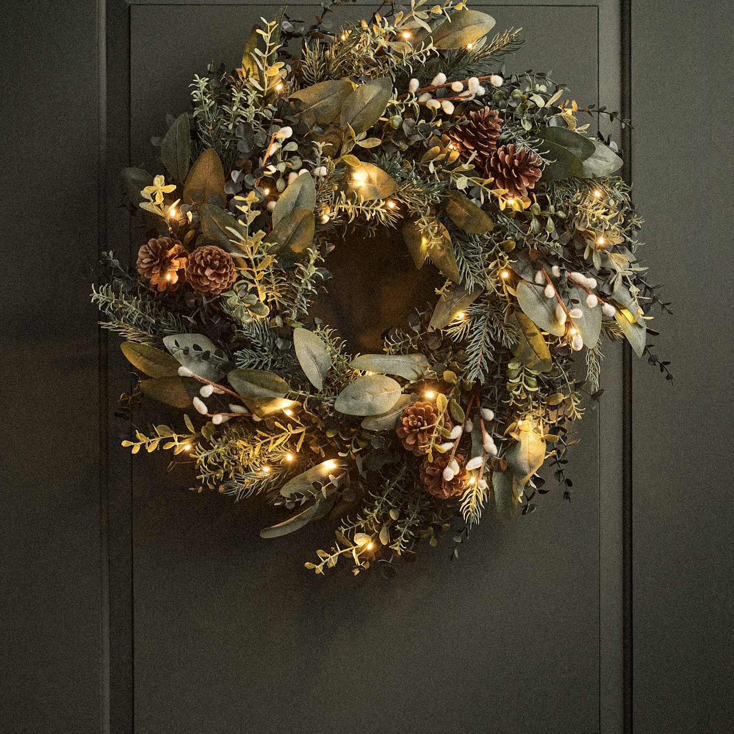 M&S Pre-Lit Green Pine Cone Wreath - Green Mix