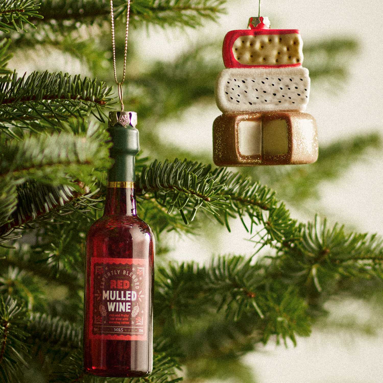 M&S 2 Pack Glass Cheese & Wine Hanging Decorations - Multi