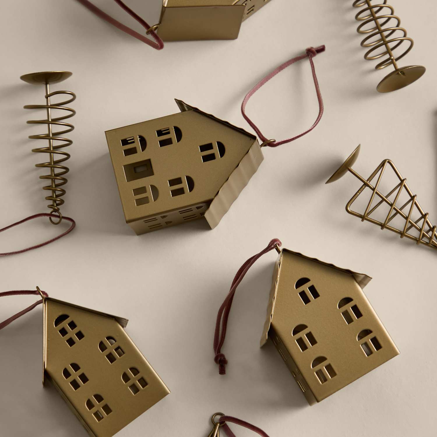 M&S 8 Pack Brass House & Tree Decorations - Antique Brass