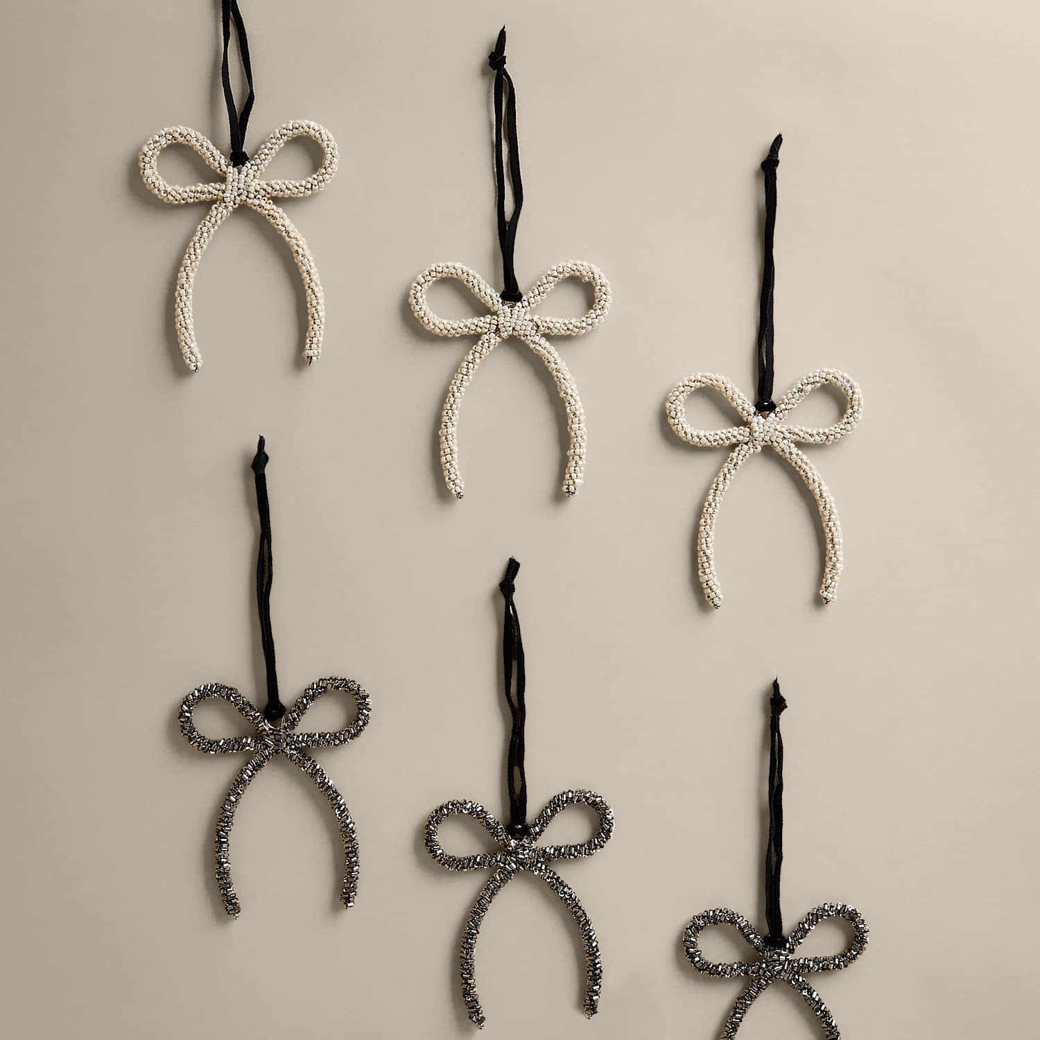 M&S 6 Pack Beaded Hanging Bow Decorations - Ivory
