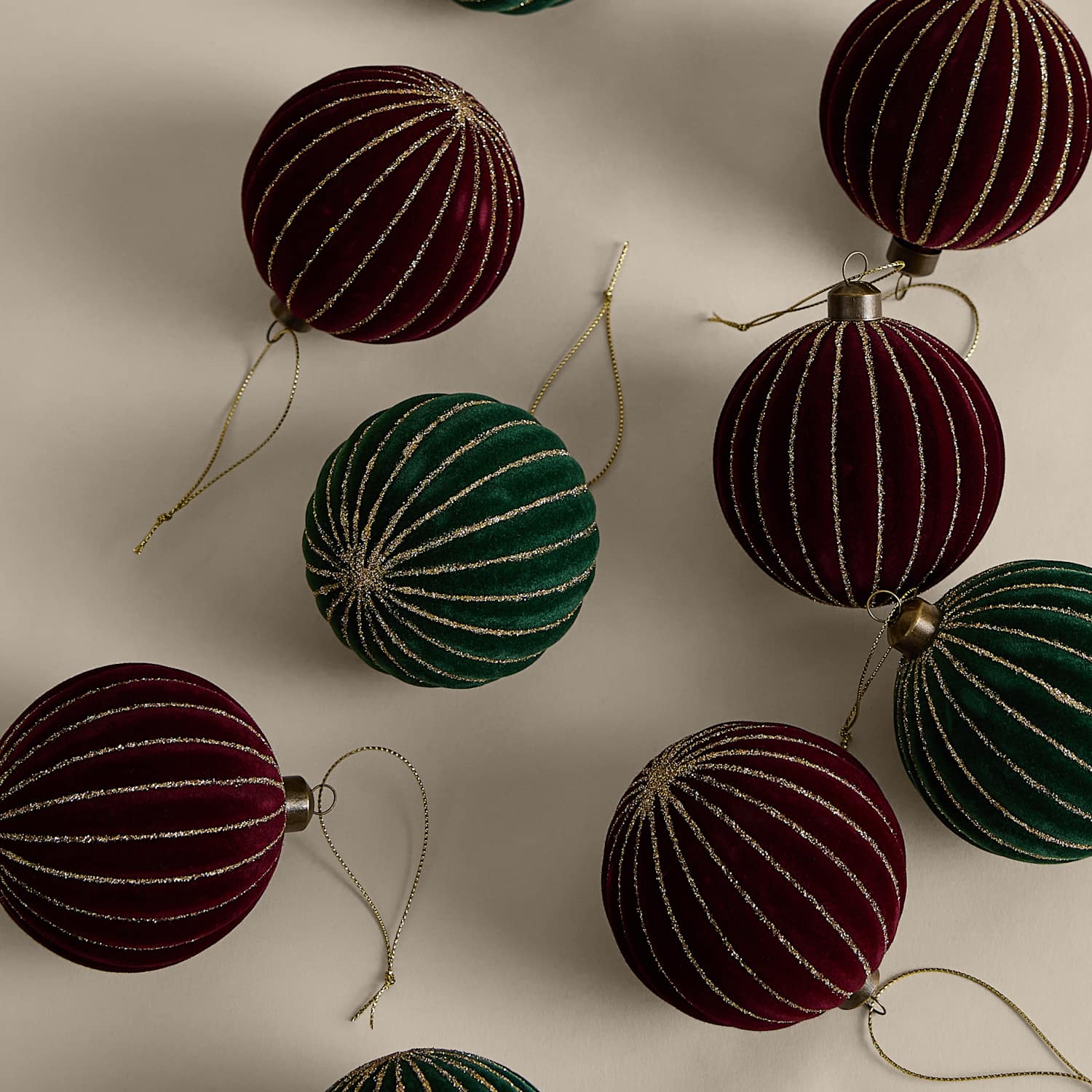 M&S 9 Pack Flocked Ridged Baubles - Red Mix