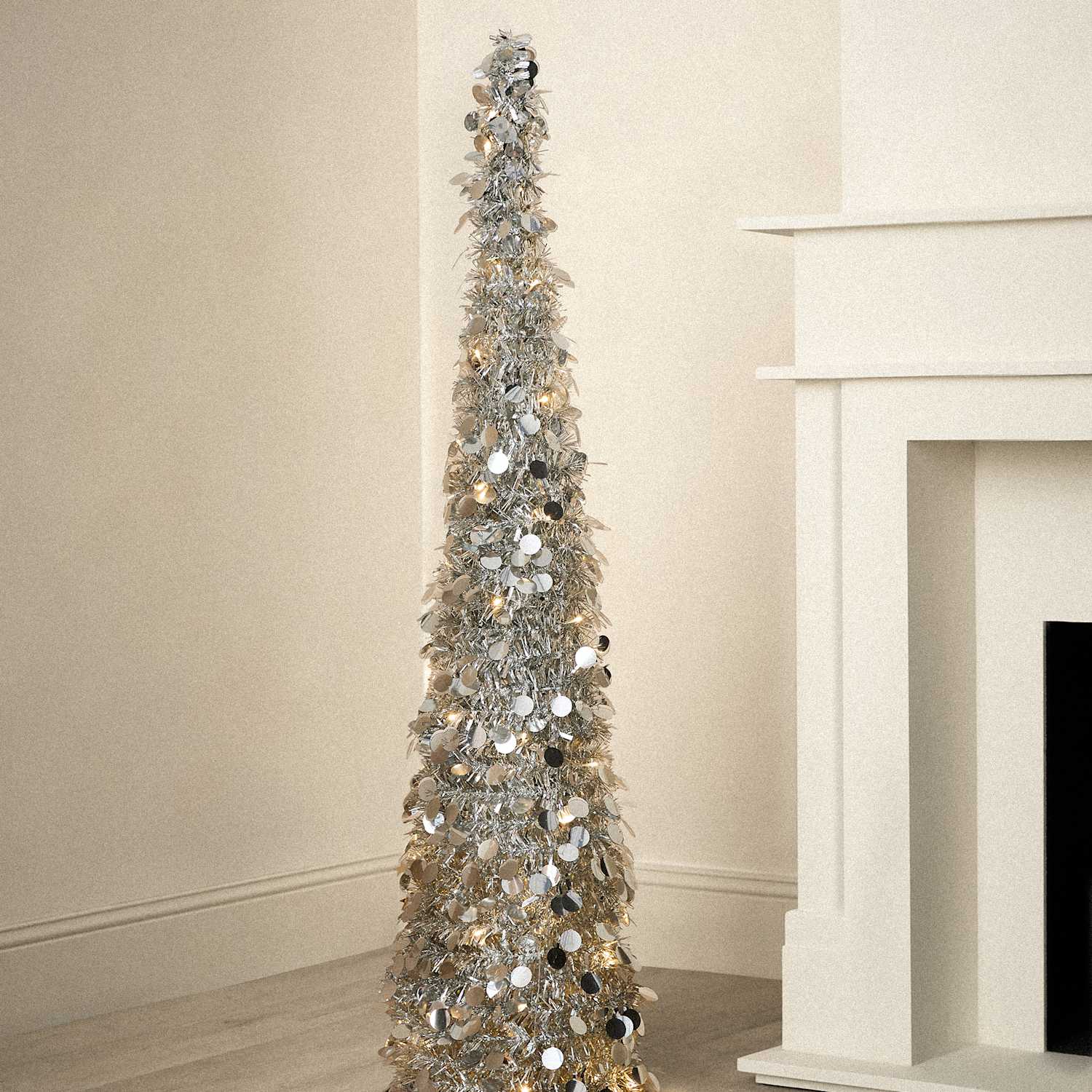 M&S 5ft Pre-Lit Tinsel Pop Up Christmas Tree - Silver