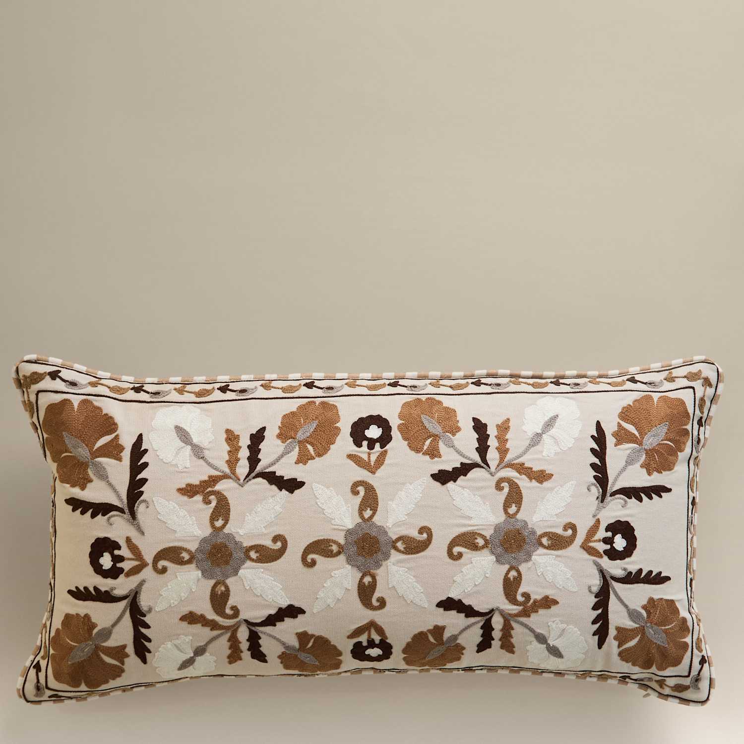 M&S Pure Cotton Embroidered Floral Bolster Cushion - Natural Mix