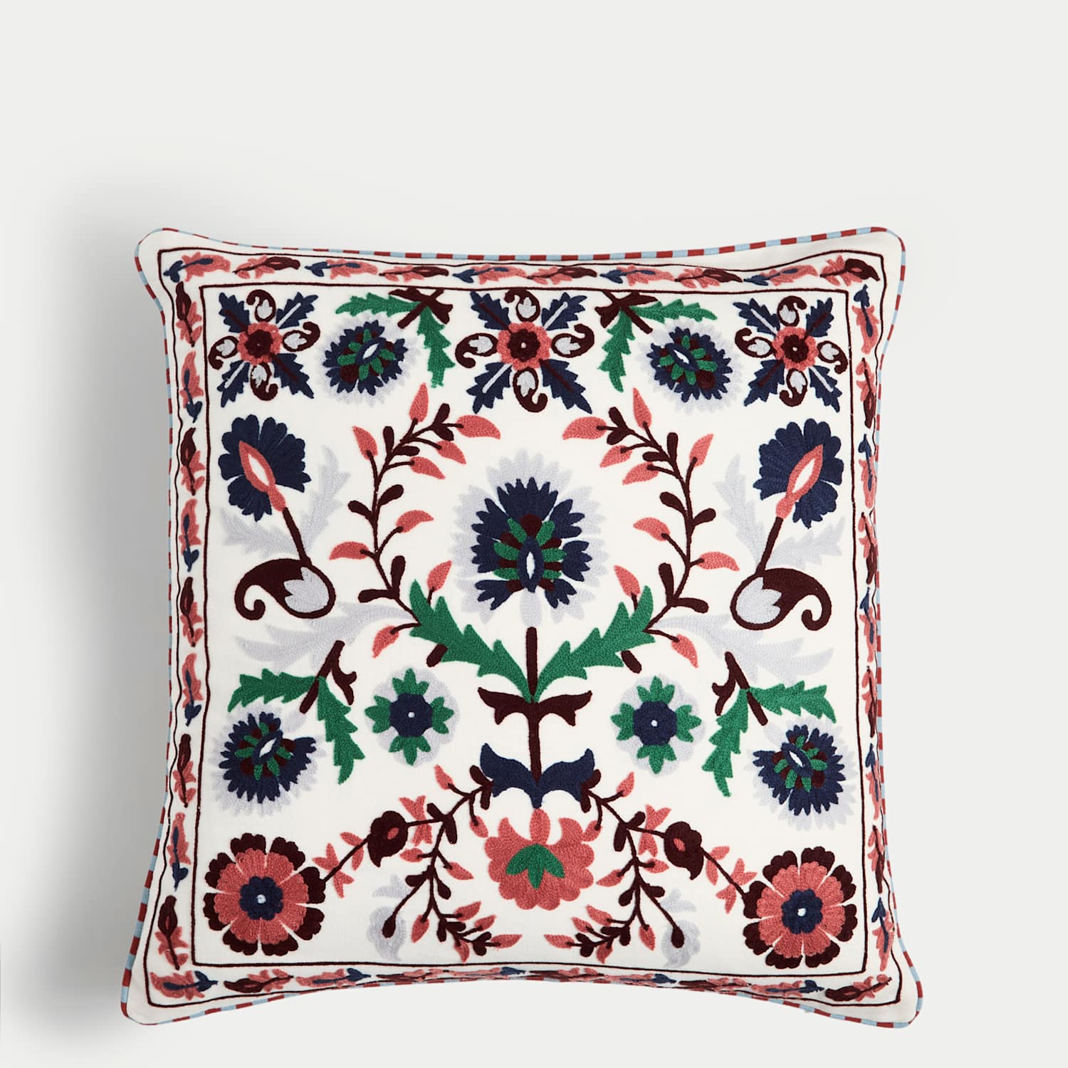 M&S Pure Cotton Embroidered Floral Cushion - Green Mix