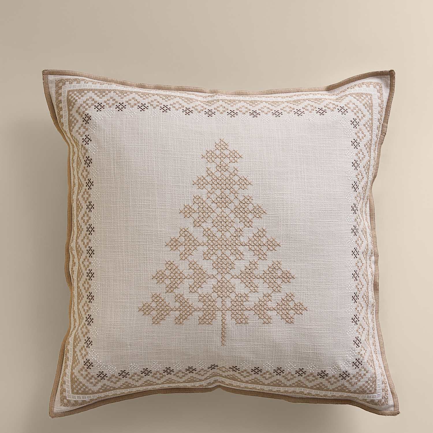 M&S Cotton Christmas Embroidered Cushion - Neutral