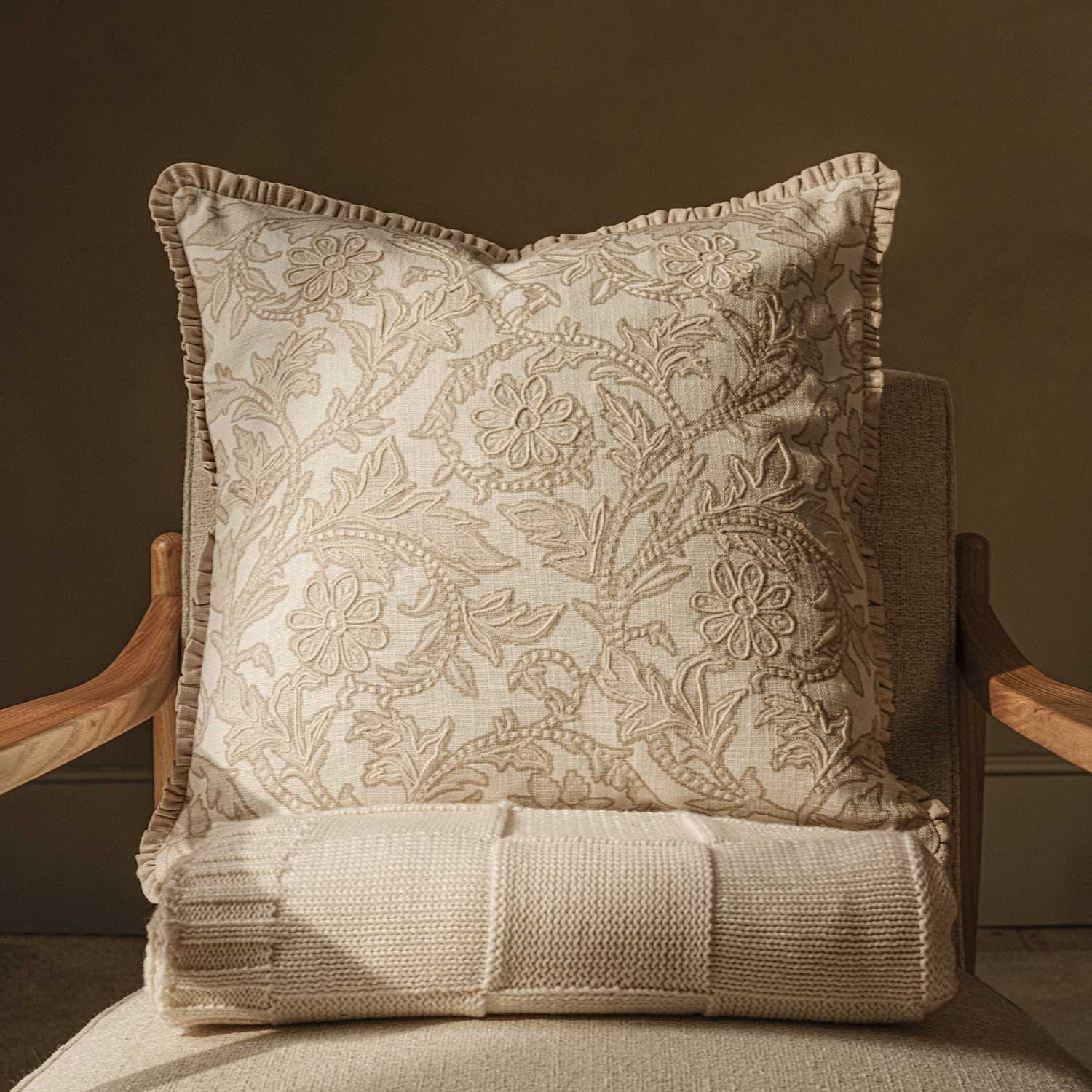 M&S Pure Cotton Floral Embroidered Cushion - Natural Mix