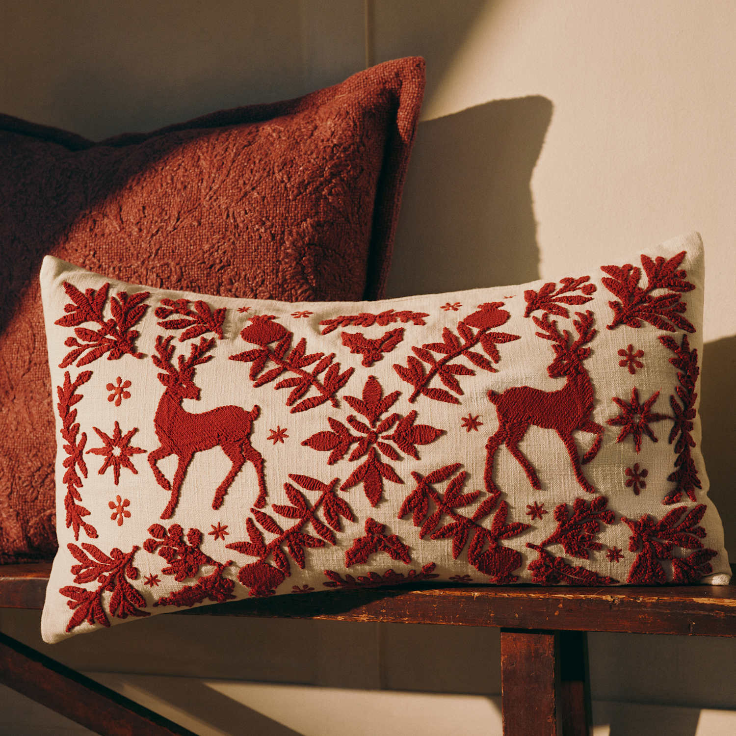 M&S Pure Cotton Christmas Deer Woodland Cushion - Red Mix