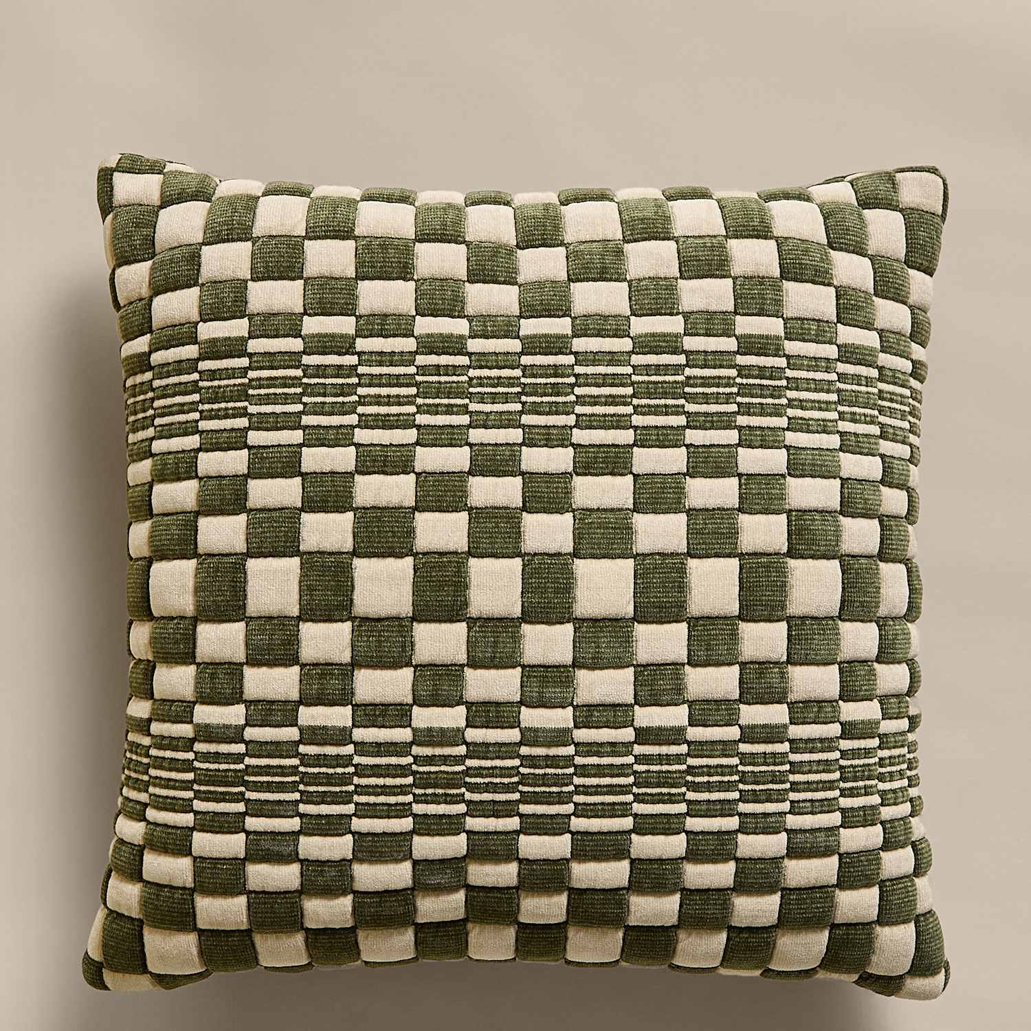 M&S Chenille Checked Quilted Cushion - Green Mix