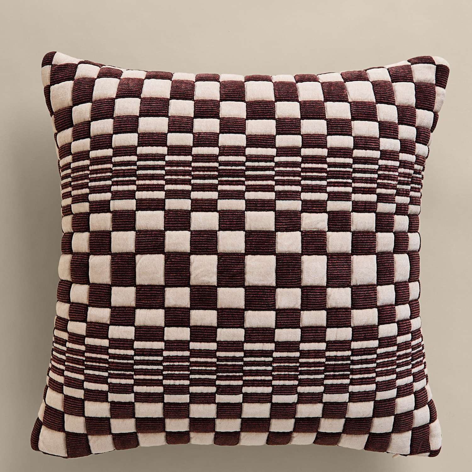 M&S Chenille Checked Quilted Cushion - Rust Mix