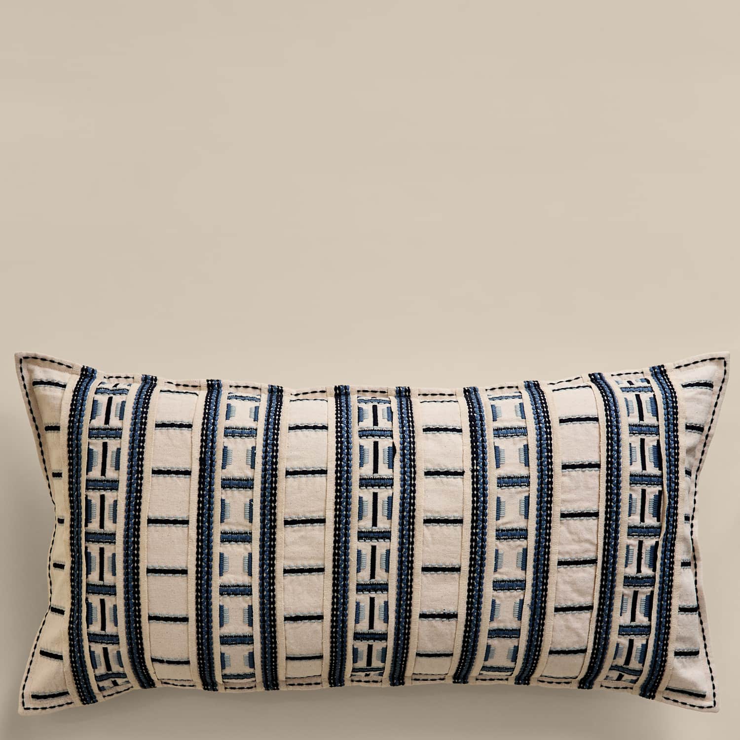 M&S Pure Cotton Embroidered Grid Bolster Cushion - Blue Mix