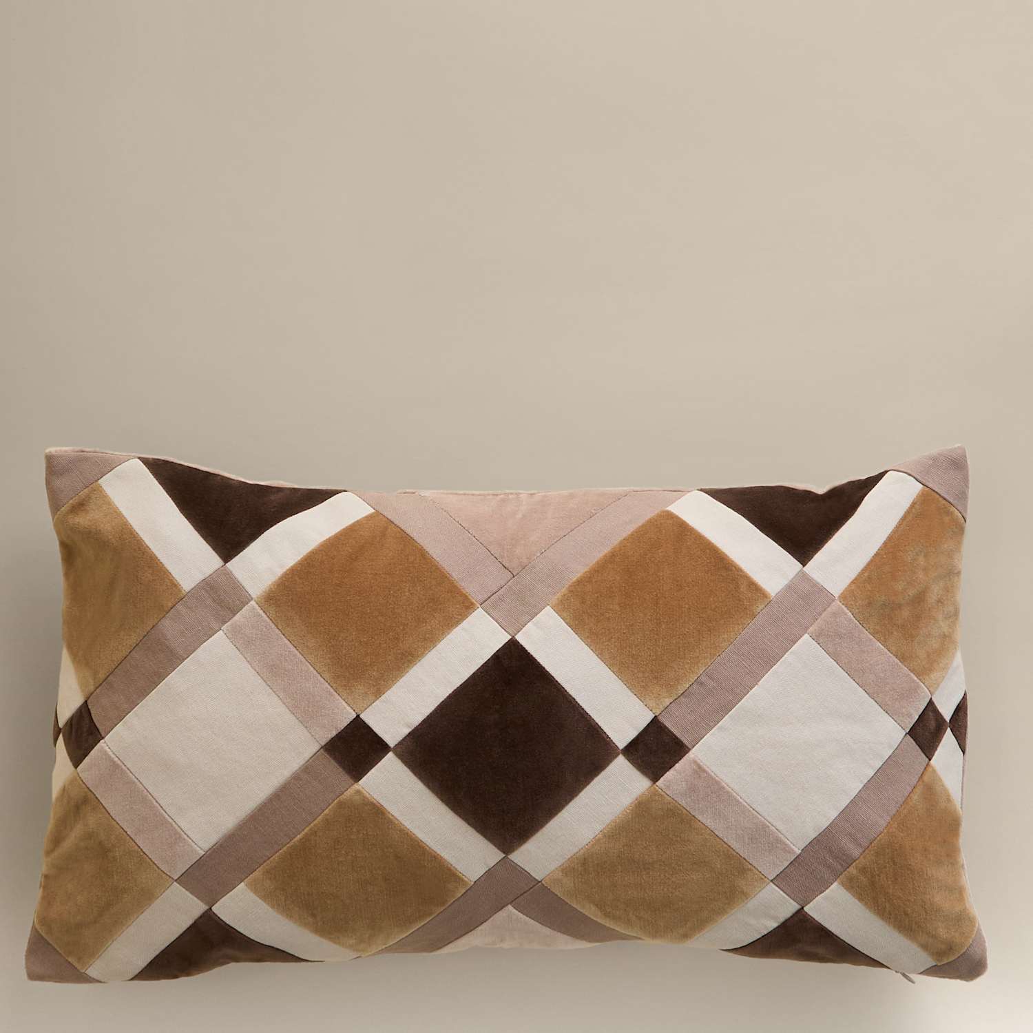 M&S Velvet Geometric Patchwork Bolster Cushion - Natural Mix