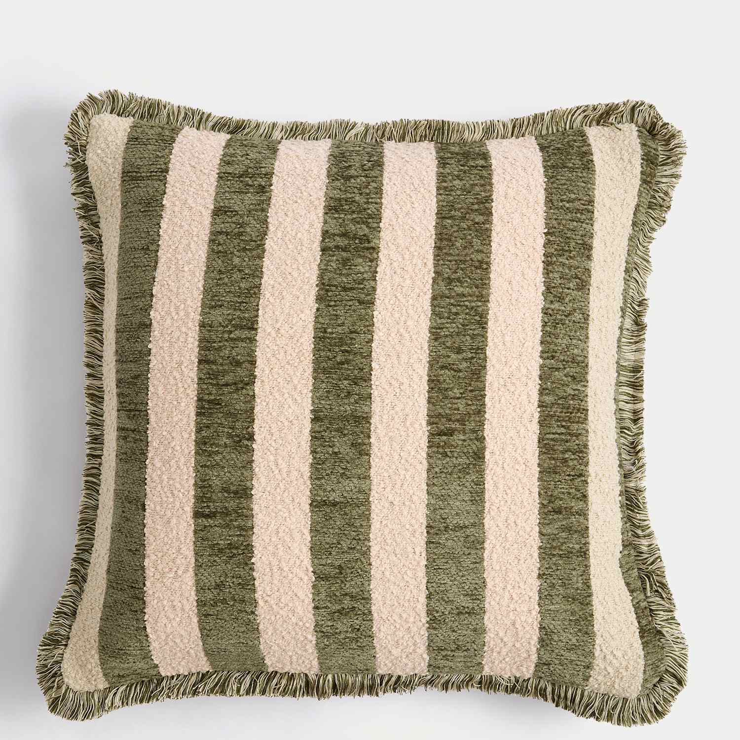 M&S Chenille Striped Fringed Cushion - Green Mix
