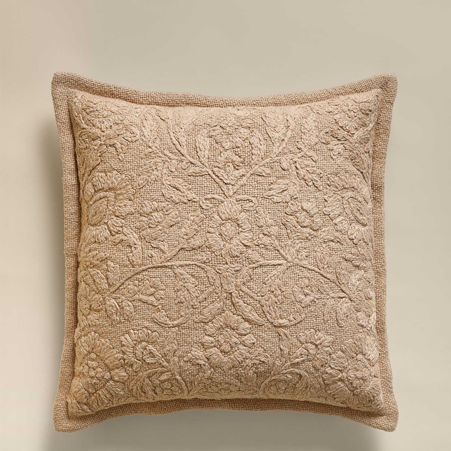 M&S Cotton Rich Floral Embroidered Cushion - Biscuit