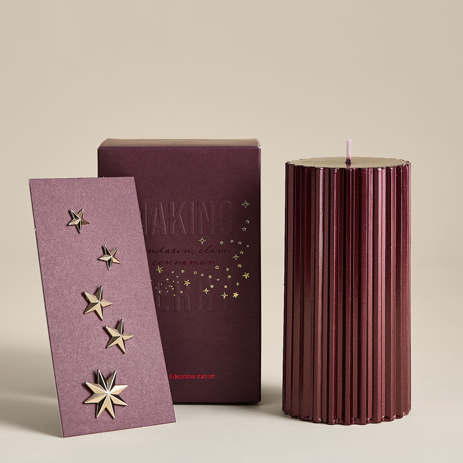 M&S Mandarin, Clove & Cinnamon Pillar Candle with Star Pins - Red Mix