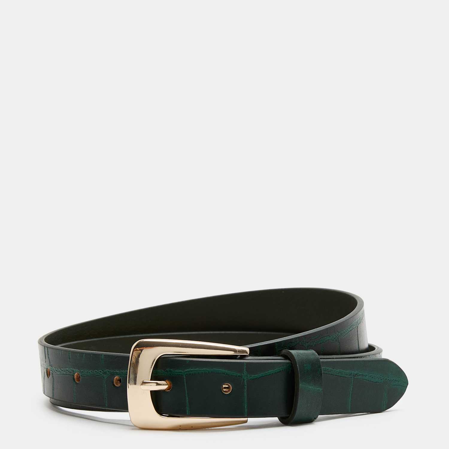 M&S Women's Leather Croc Effect Covered Buckle Jeans Belt - Small - Forest Green