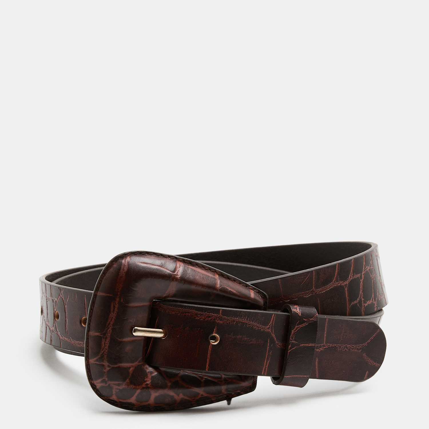 M&S Women's Leather Croc Effect Feature Buckle Belt - Small - Burgundy