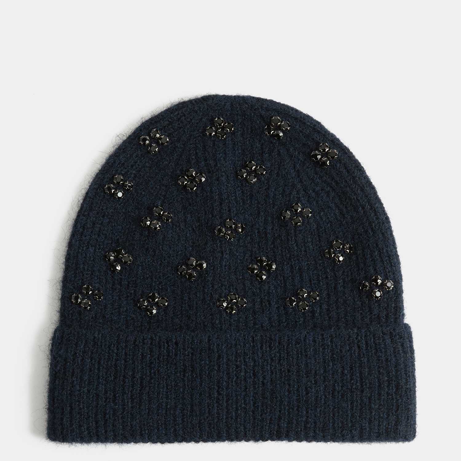 M&S Women's Knitted Embellished Beanie Hat with Wool - Navy Mix
