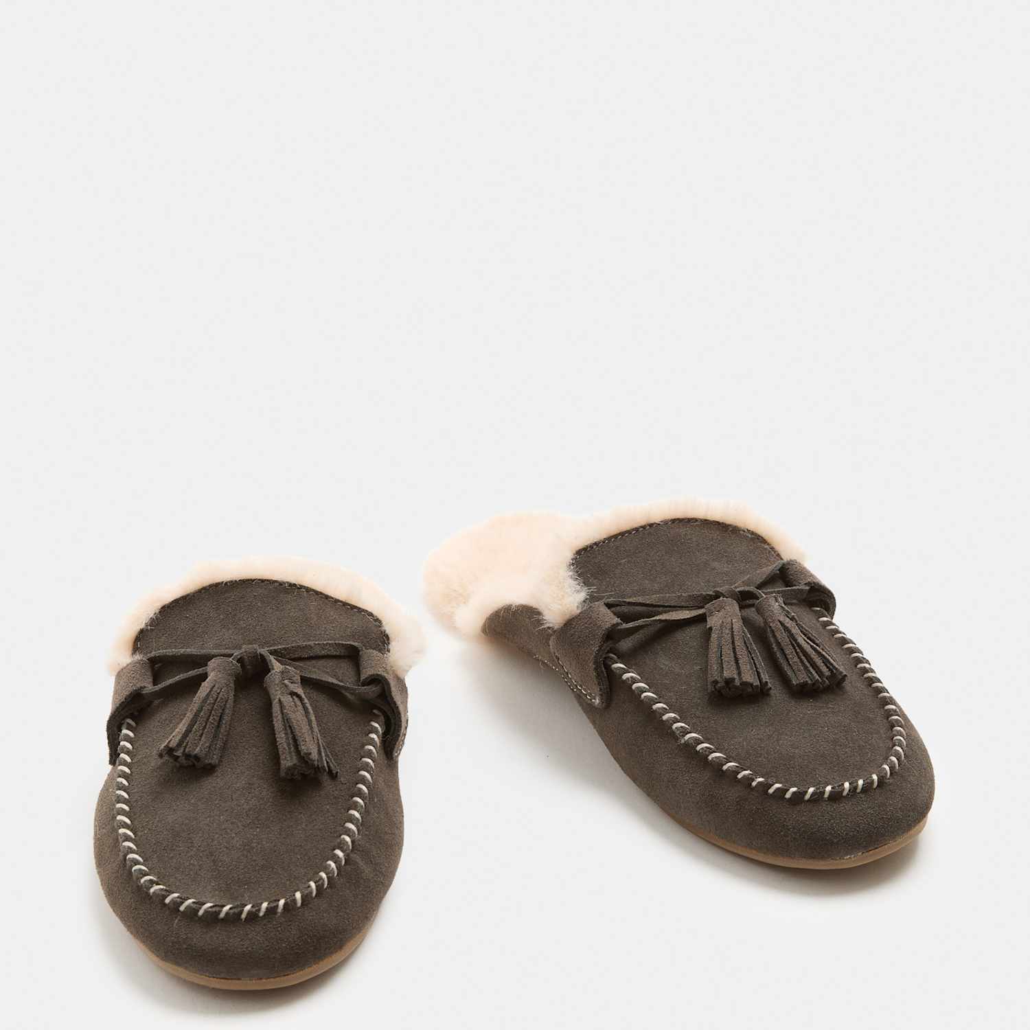 M&S Women's Suede Faux Fur Lined Backless Mocassin Slippers - 4 - Grey