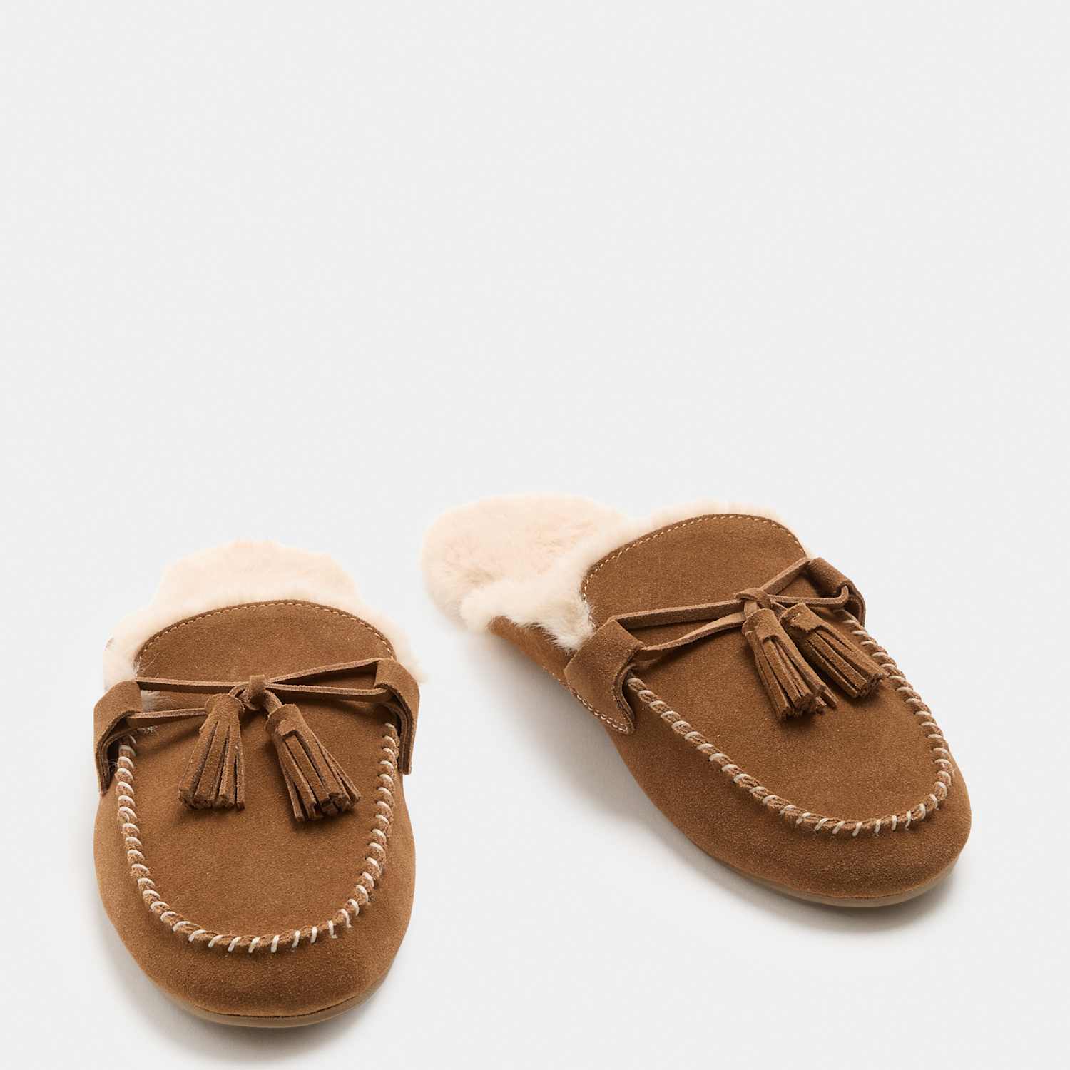 M&S Women's Suede Faux Fur Lined Backless Mocassin Slippers - 4 - Tan