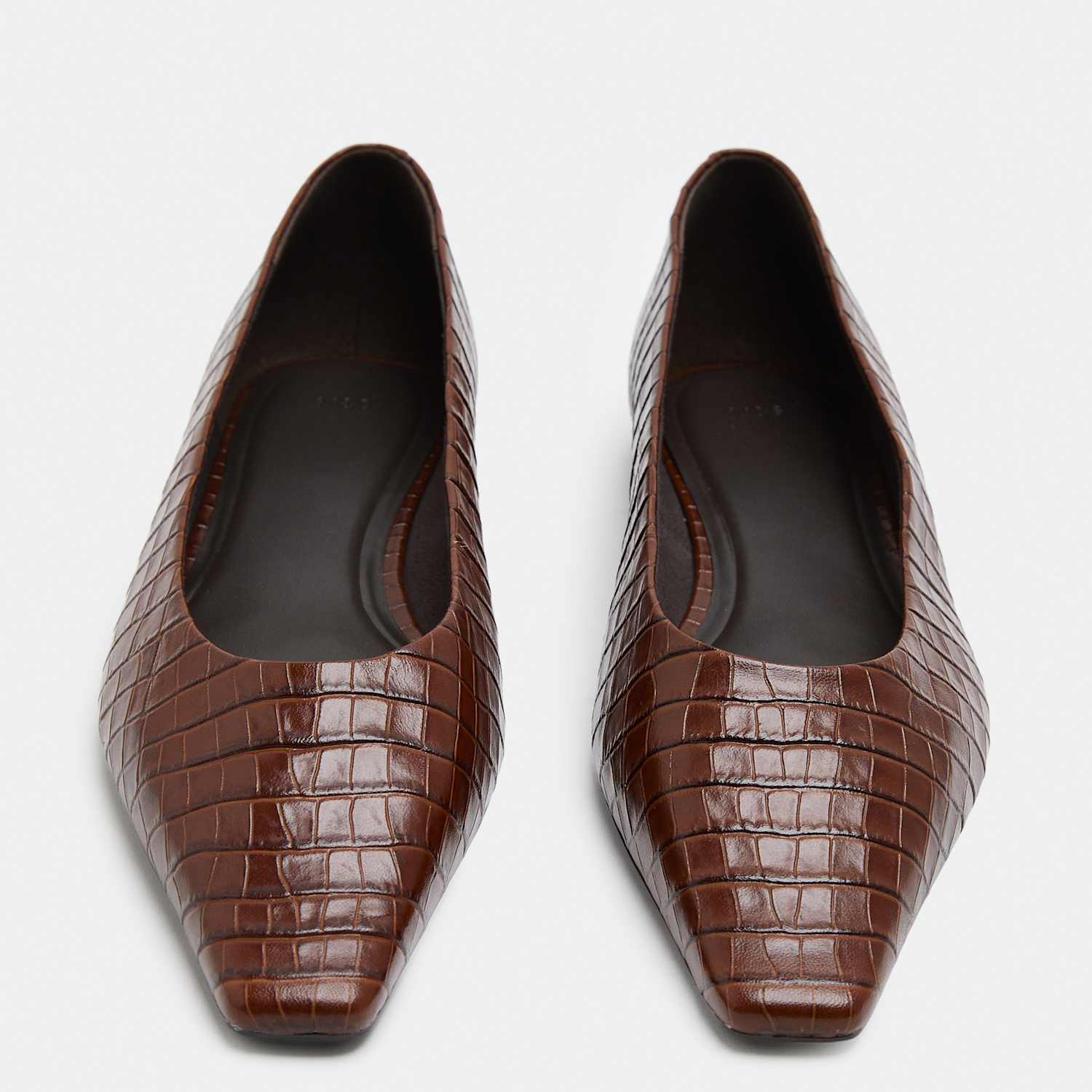 M&S Women's Leather Croc Chisel Toe Flat Pumps - 6 - Tan