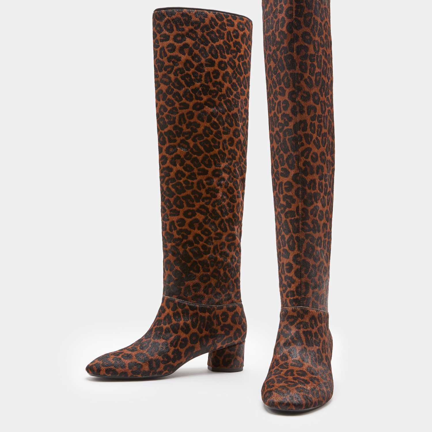 M&S Women's Leather Leopard Print Knee High Boots - 4 - Brown Mix