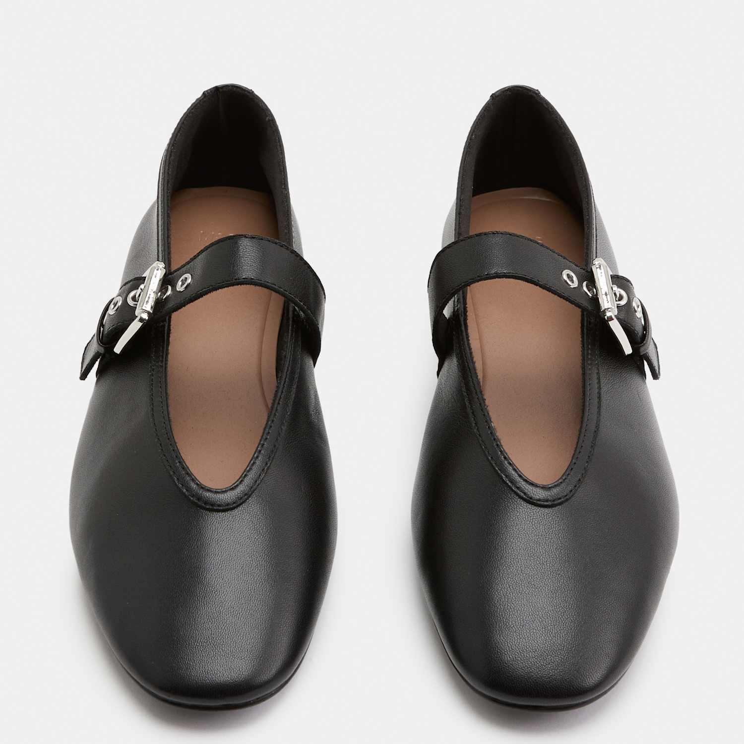 M&S Women's Leather Flat Round Toe Mary Jane Ballet Pumps - 8 - Black