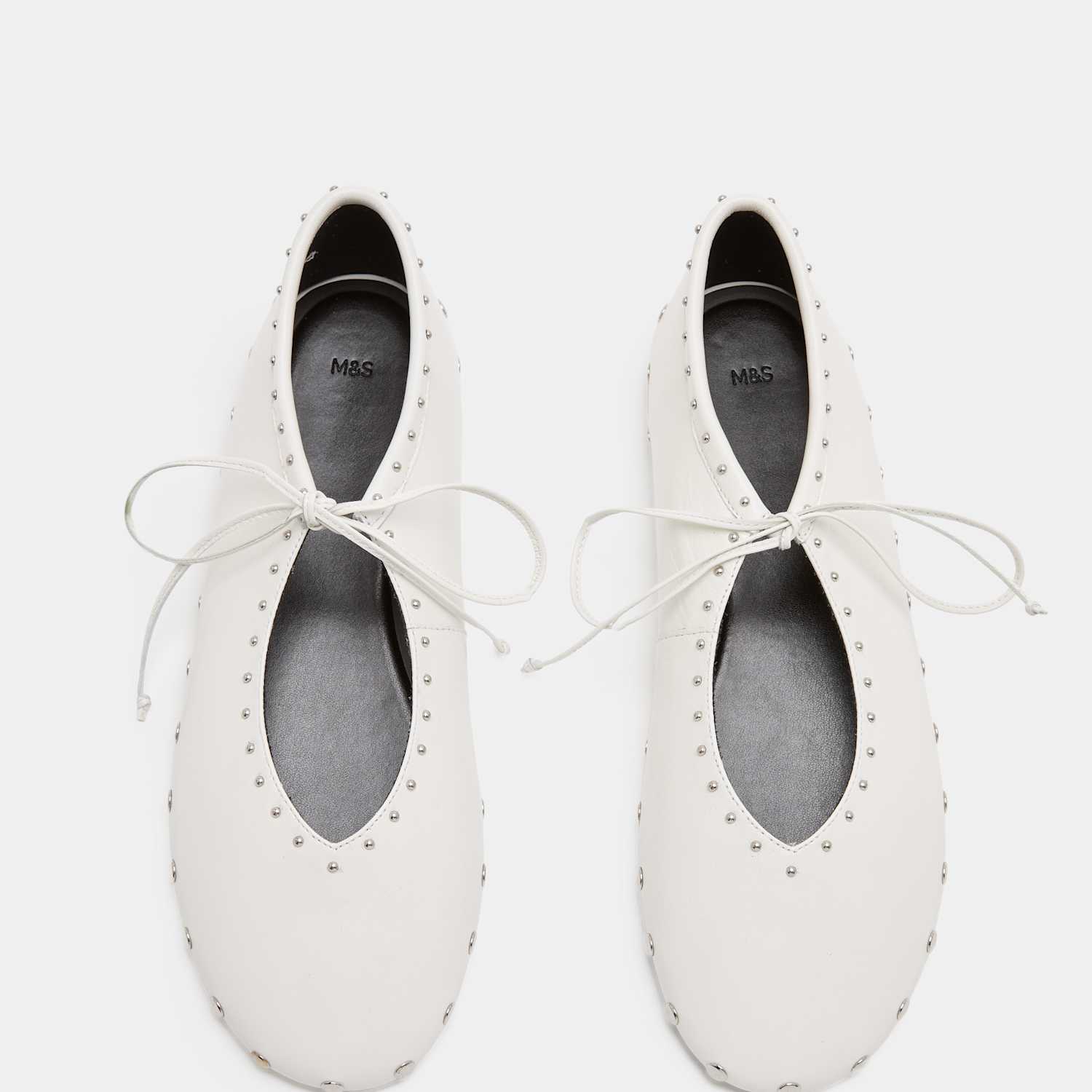 M&S Women's Leather Studded Tie Ballet Pumps - 4 - White