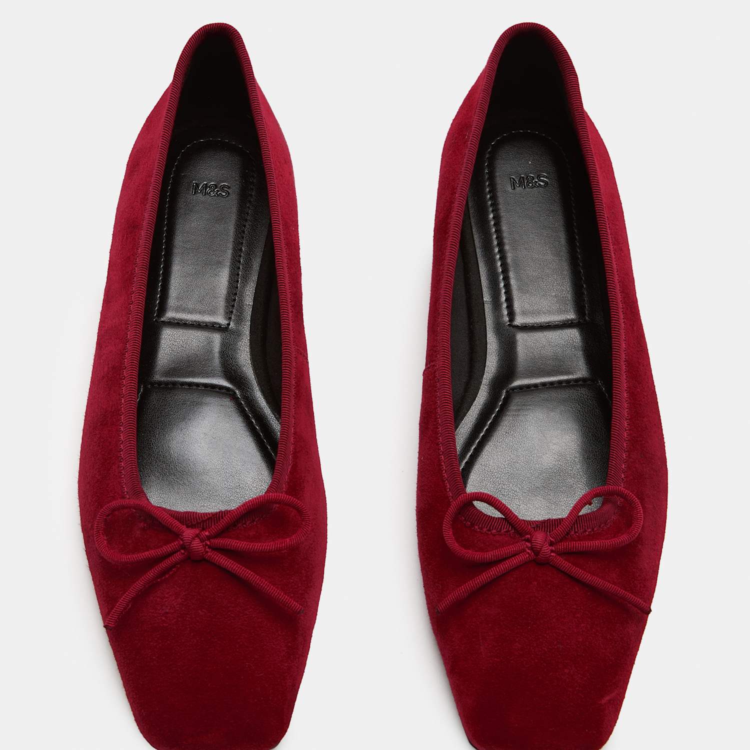 M&S Women's Suede Bow Square Toe Ballet Pumps - 4½ - Dark Red
